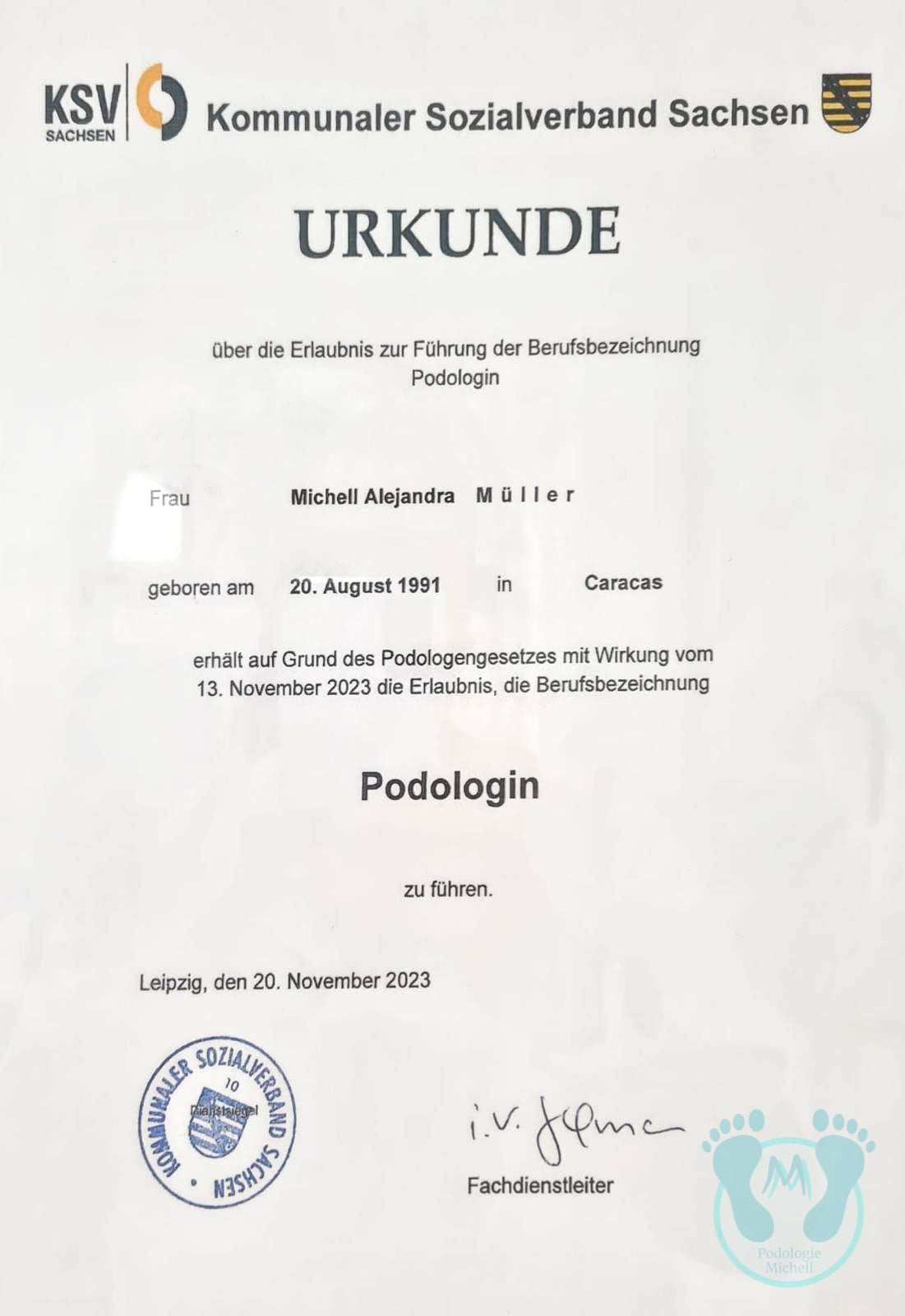 Urkunde Podologin Urkunde Berufsbezeichnung Podologin für Michell Müller aus Leipzig